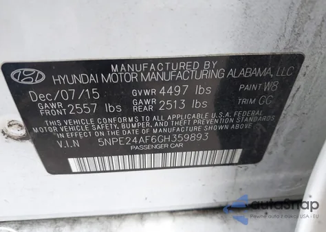 2016 Hyundai Sonata Se из США, поврежденный, VIN 5NPE24AF6GH359893